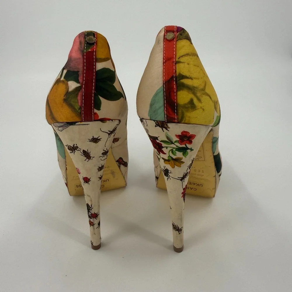 Ted Baker Carlina Platform Pumps Womens Size 6 Beige Floral Peep Toe Slip On